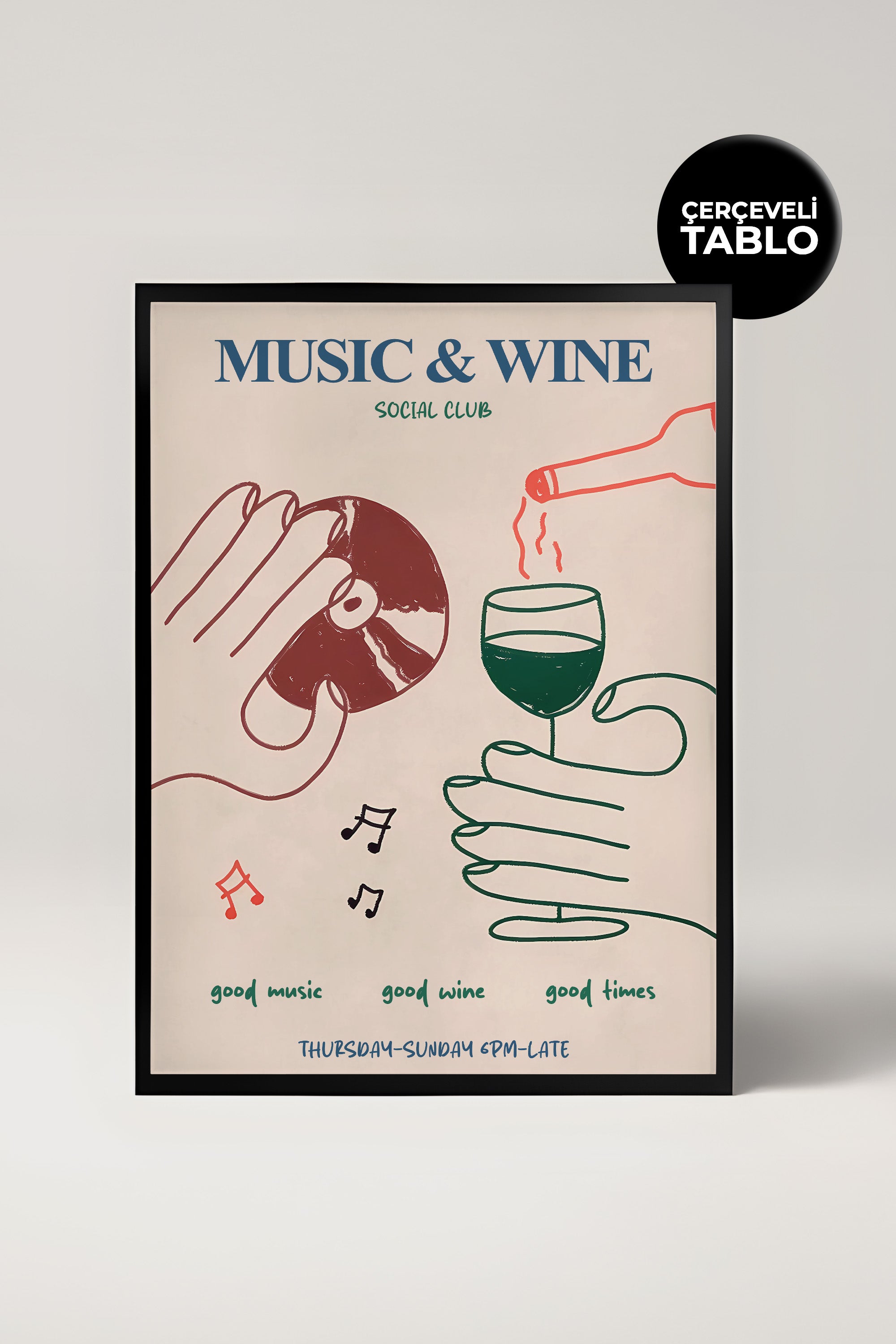 Music&Wine Social Club No:6 Bar Köşesi,Mutfak, Salon Çerçeveli Tasarım Tablo Dolce Vita Koleksiyonu