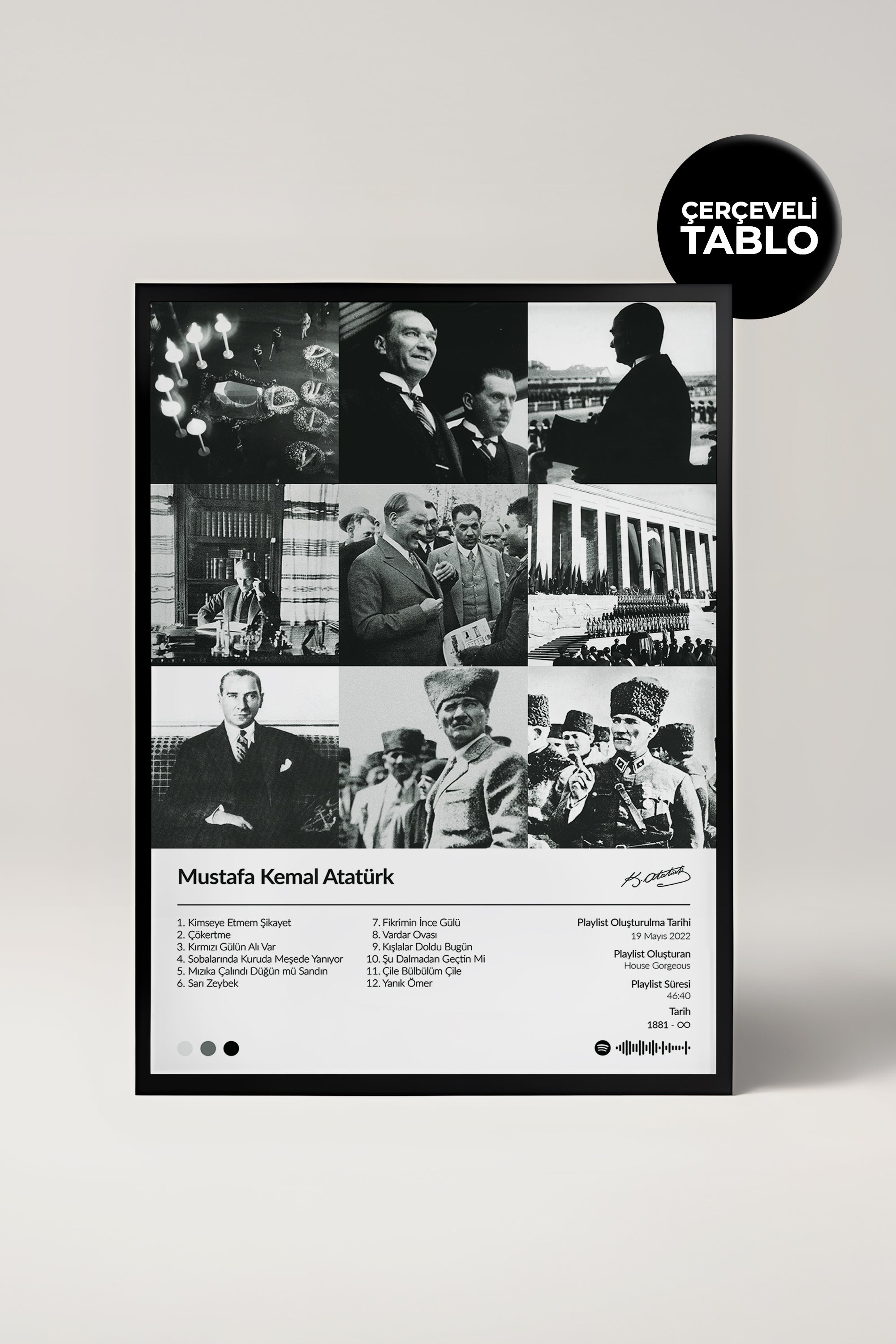 Atatürk Playlist Tasarımlı Çerçeveli Tablo