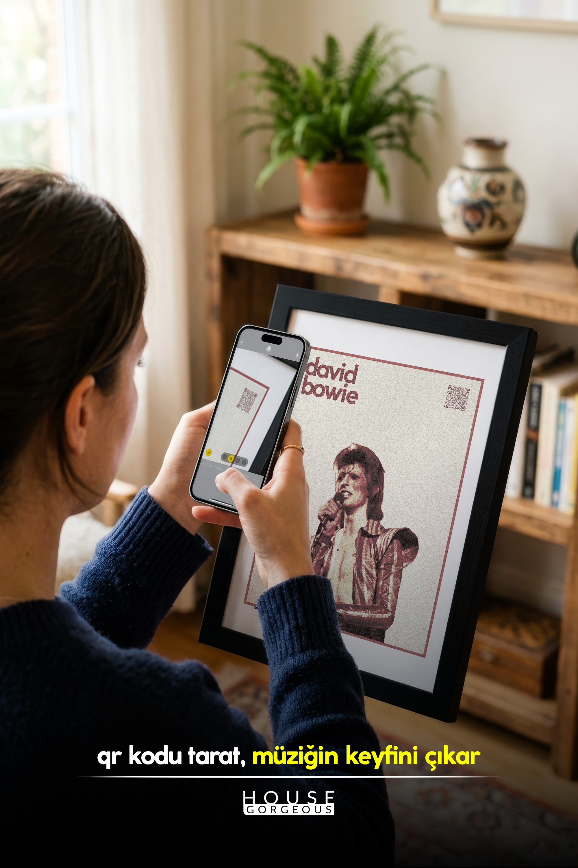 David Bowie QR Kodlu Müziğin Devleri Koleksiyonu Siyah Çerçeveli Tasarım Tablo