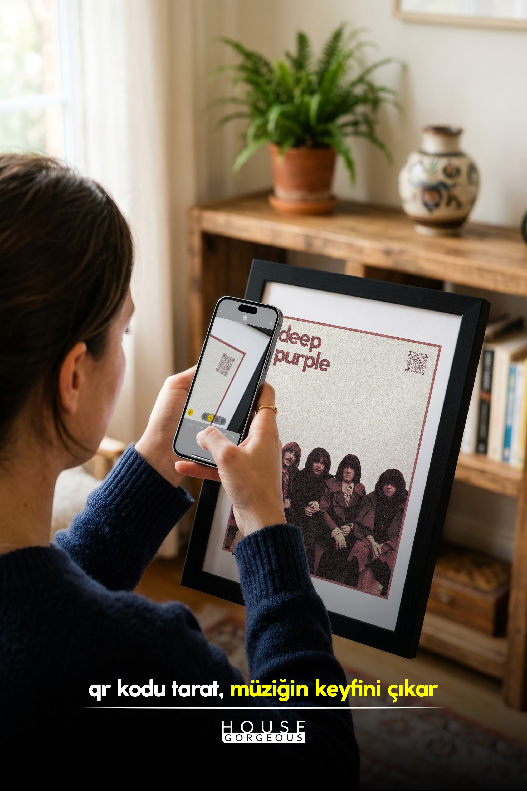 Deep Purple QR Kodlu Müziğin Devleri Koleksiyonu Siyah Çerçeveli Tasarım Tablo