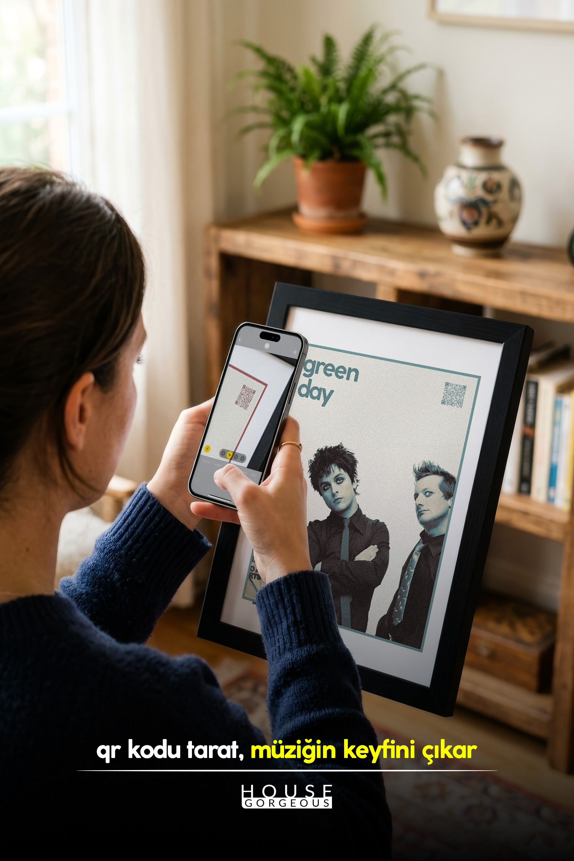 Green Day QR Kodlu Müziğin Devleri Koleksiyonu Siyah Çerçeveli Tasarım Tablo