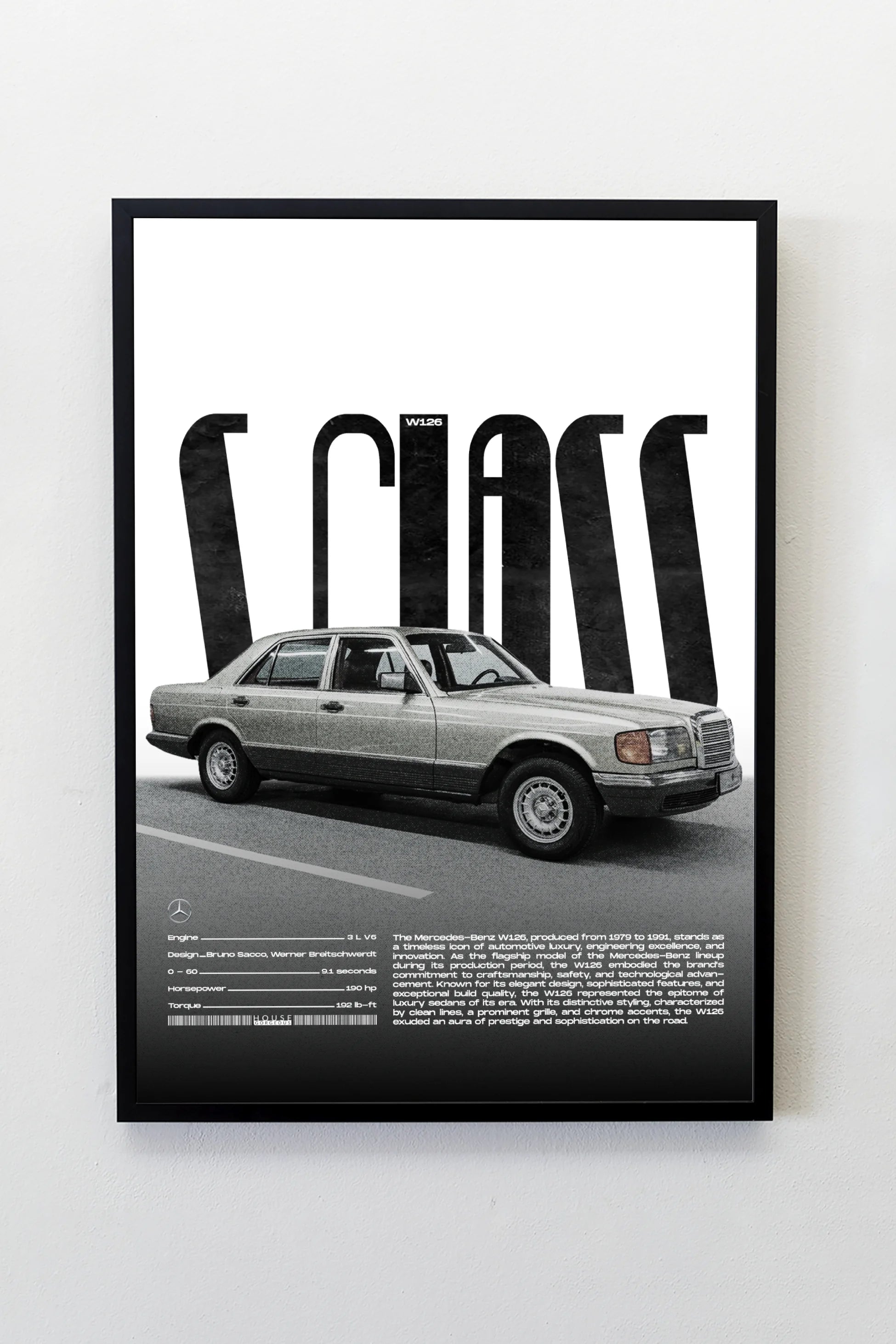 Mercedes Benz W126 S Class Tasarımlı Çerçeveli Tablo | İkonik Otomobiller Koleksiyonu