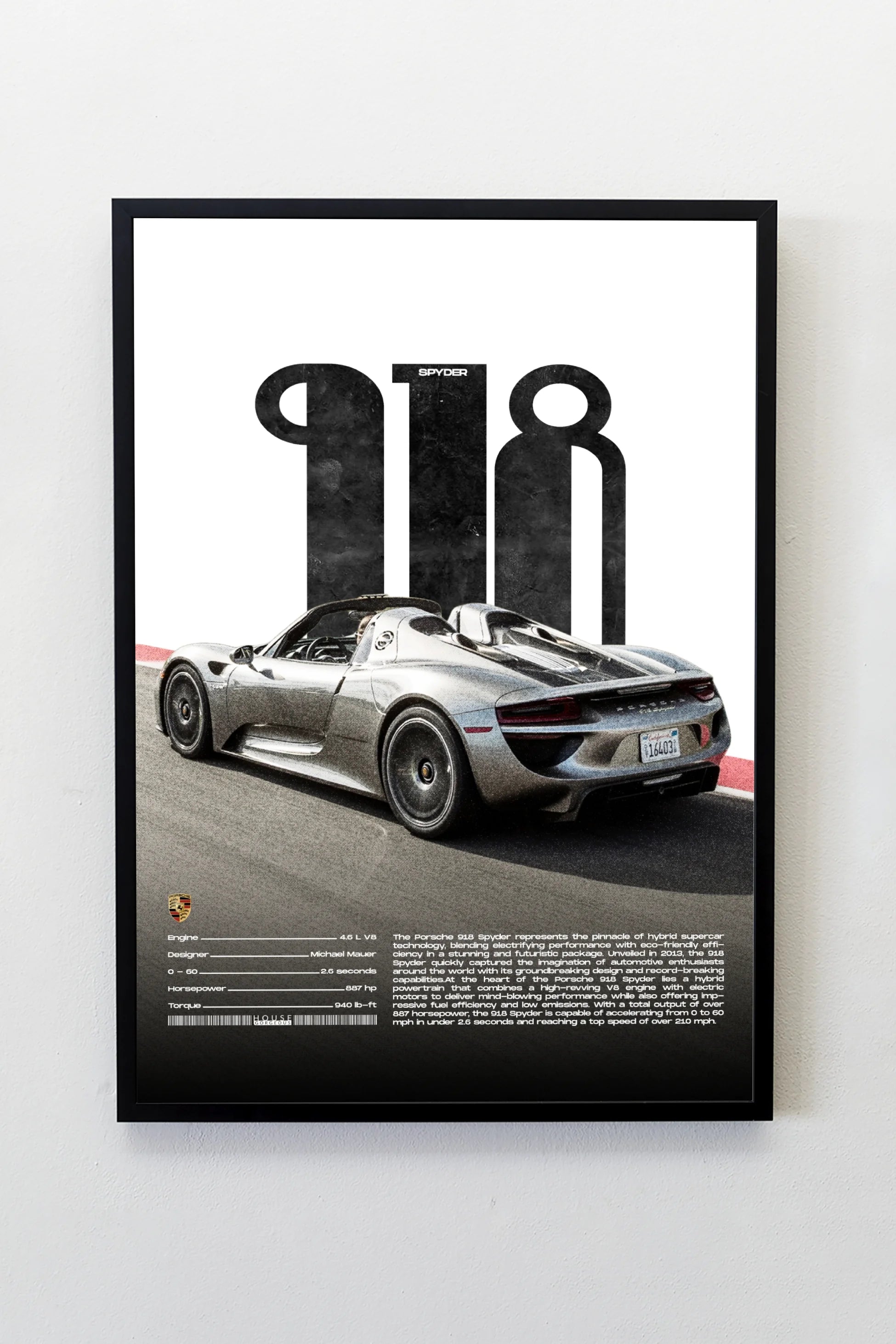 Porsche 918 Spyder Tasarımlı Çerçeveli Tablo | İkonik Otomobiller Koleksiyonu