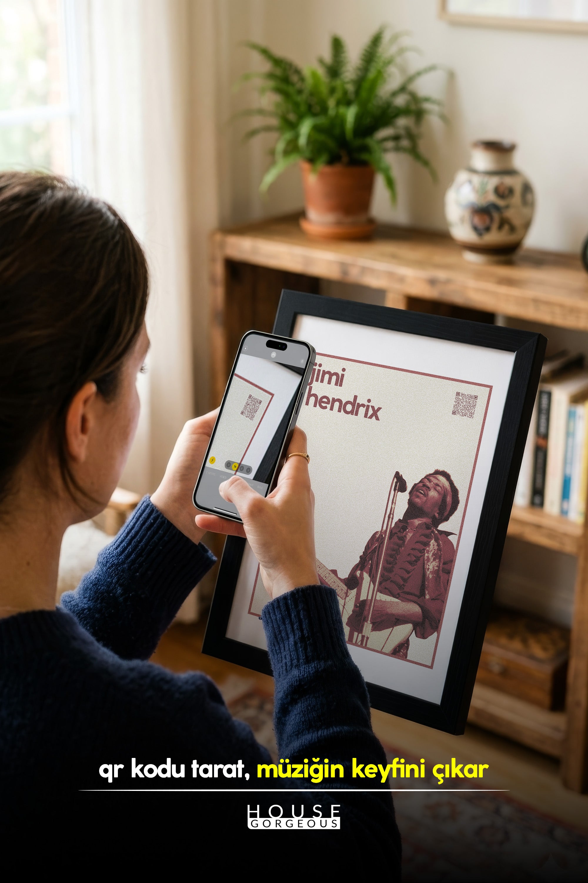 Jimi Hendrix QR Kodlu Müziğin Devleri Koleksiyonu Siyah Çerçeveli Tasarım Tablo