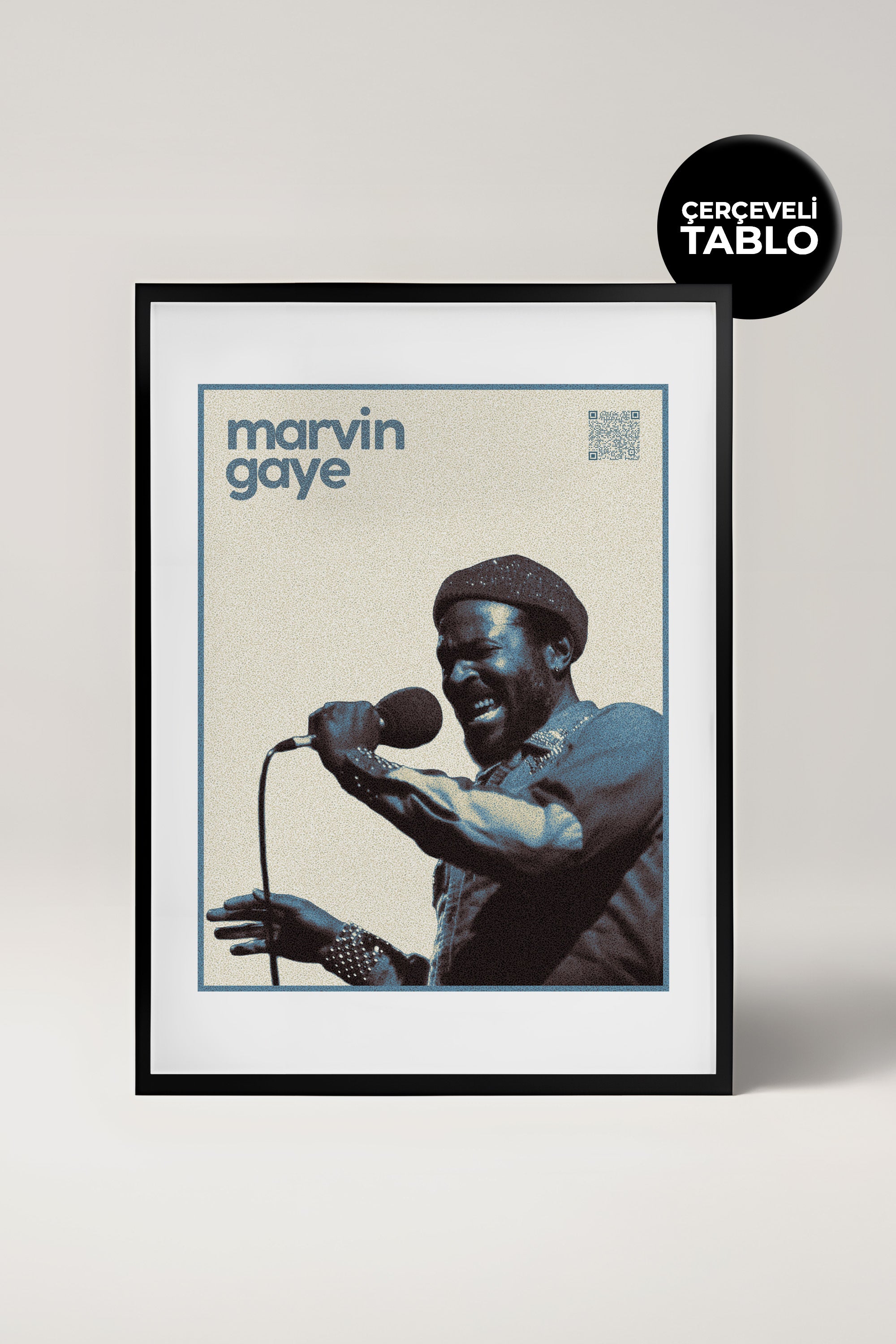 Marvin Gaye QR Kodlu Müziğin Devleri Koleksiyonu Siyah Çerçeveli Tasarım Tablo