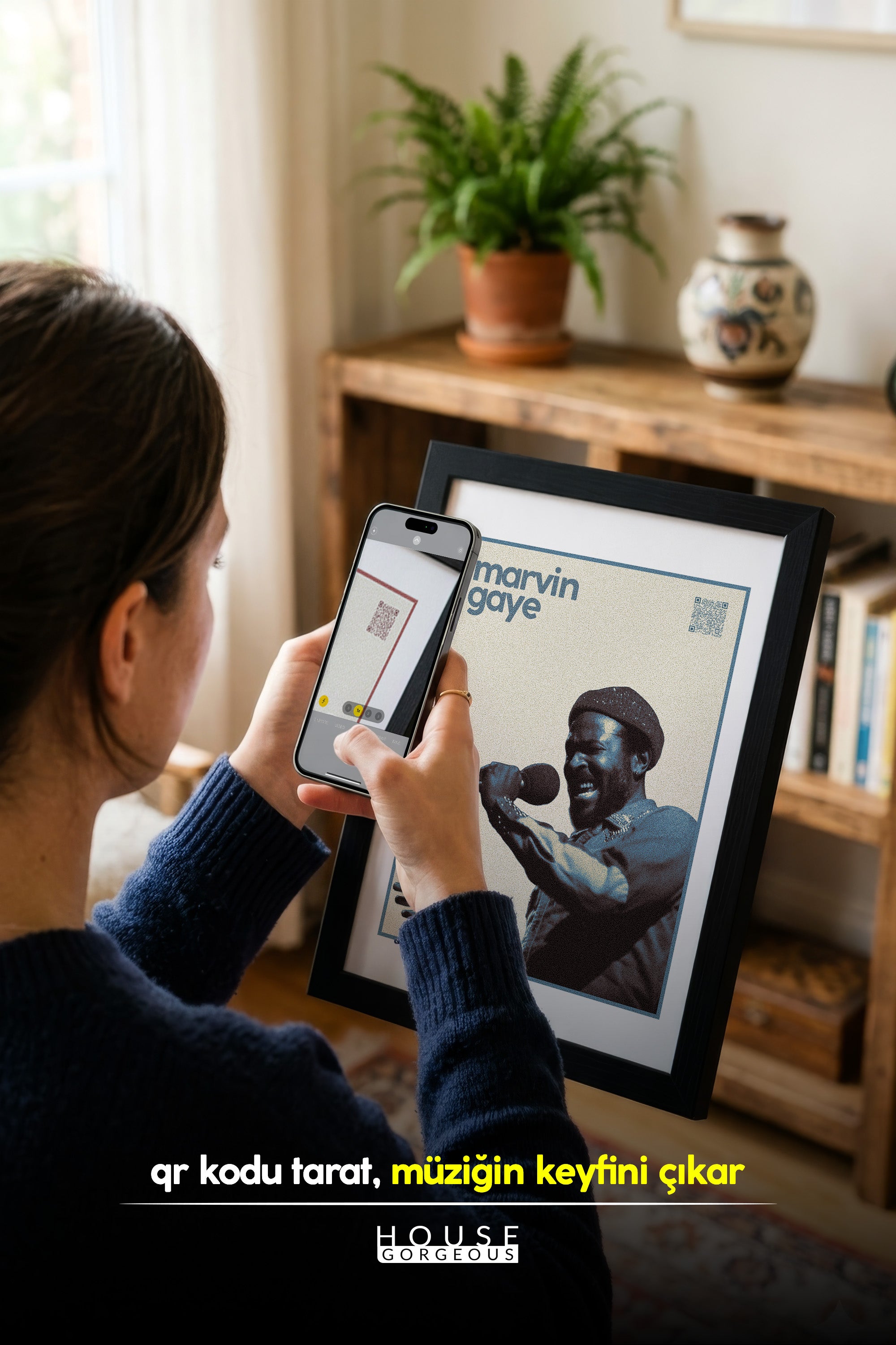 Marvin Gaye QR Kodlu Müziğin Devleri Koleksiyonu Siyah Çerçeveli Tasarım Tablo