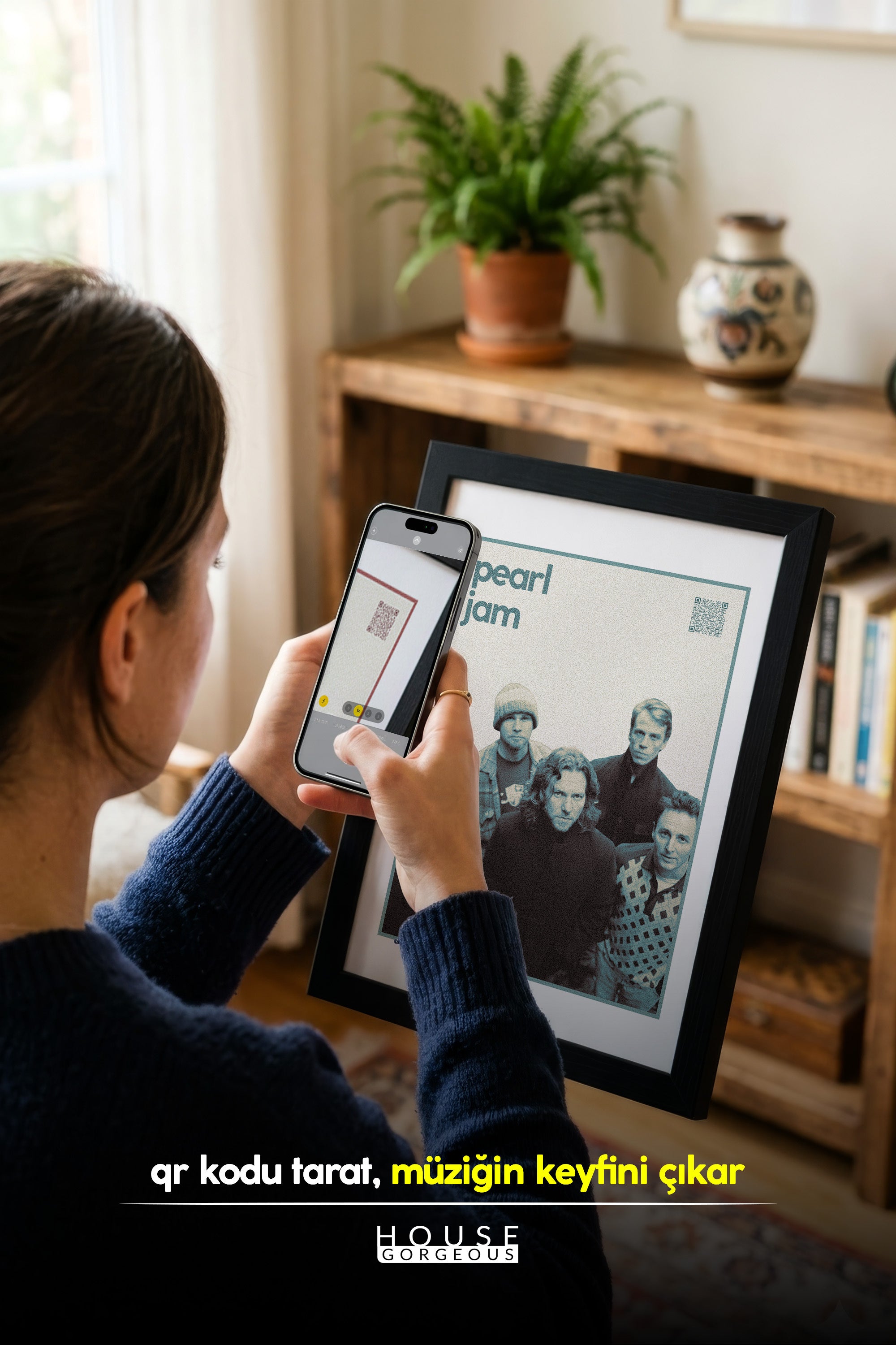 Pearl Jam QR Kodlu Müziğin Devleri Koleksiyonu Siyah Çerçeveli Tasarım Tablo