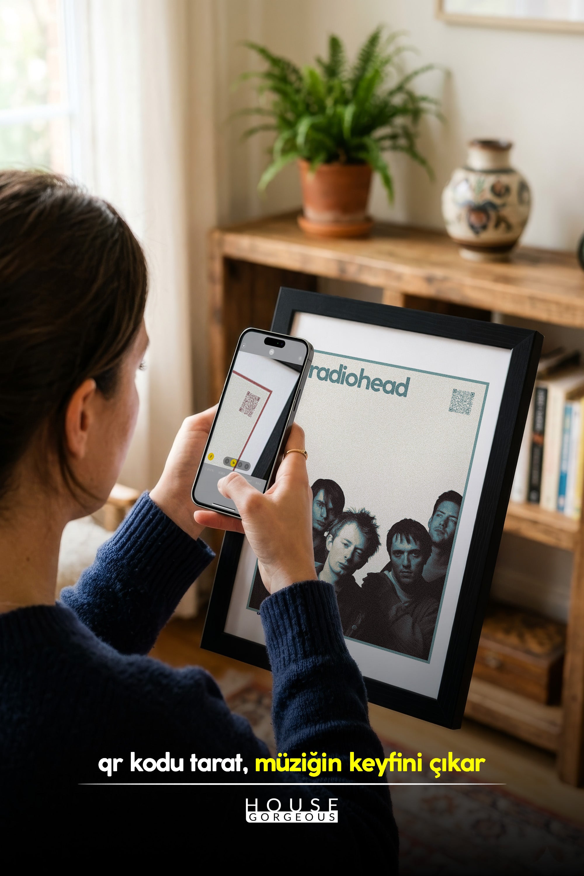 Radiohead QR Kodlu Müziğin Devleri Koleksiyonu Siyah Çerçeveli Tasarım Tablo